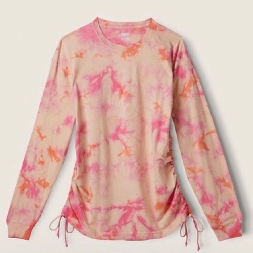 Victorias Secret Pink Campus Long Sleeve Ruched Sides Daring Pink cloudy tie dye